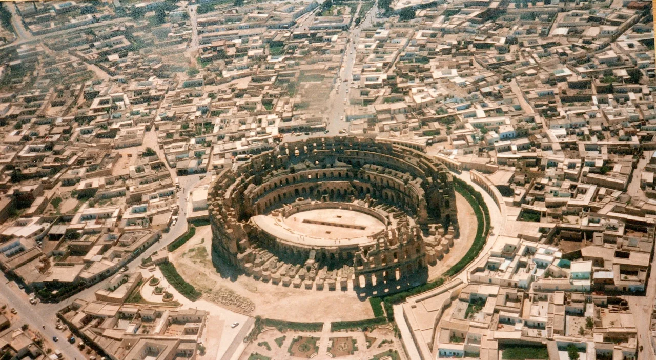 Aerial view of the complete Roman amphitheatre at El Djem